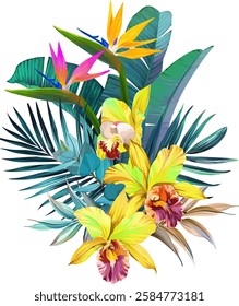 Bouquet of tropical flowers. Hibiscus, paradise flowers. exotic, tropical