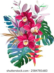 Bouquet of tropical flowers. Hibiscus, paradise flowers. exotic, tropical