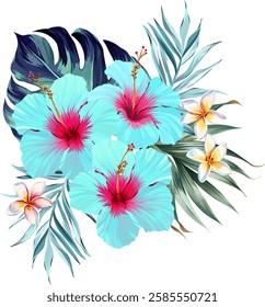 Bouquet of tropical flowers. Hibiscus, plumeria flower, paradise flowers. exotic, tropical