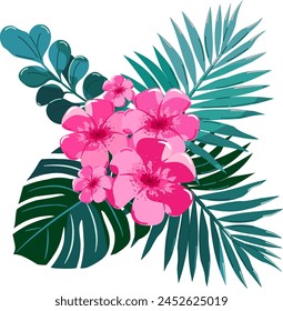 A bouquet of tropical flowers and leaves. Design element for product decoration.