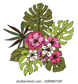 Bouquet. Tropical flowers, leaves. Hand drawn isolated on white background
