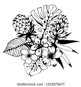 Bouquet. Tropical flowers, leaves. Hand drawn isolated on white background