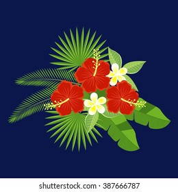 A bouquet of tropical flowers and leaves isolated on a blue background. Flowers of hibiscus and  plumeria, palm leaf, monstera. Floral pattern. plumeria and hibiscus.