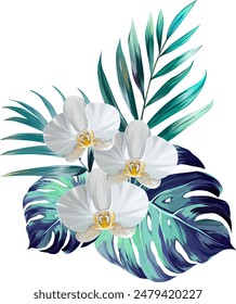 Bouquet of tropical flowers. Orchid, flowers of paradise. exotic, tropical