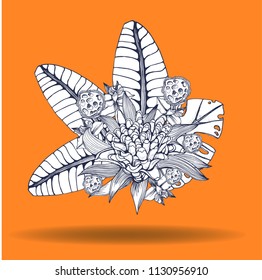 bouquet of tropical flowers, outline with white fill on a colored background, vector