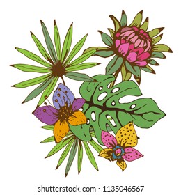 Bouquet. Tropical flowers, palm leaves. Hand drawn isolated on white background