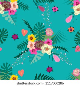 Bouquet of tropical flowers seamless pattern on a turquoise background