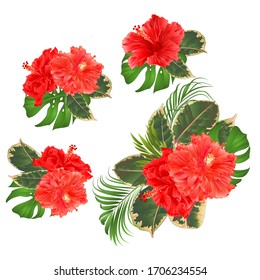 Bouquet with tropical flowers set floral arrangement with beautiful pink hibiscus corrugated palm,philodendron and ficus set vintage vector illustration  editable hand draw 