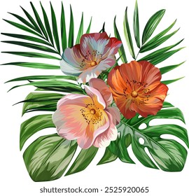 Bouquet of tropical flowers. Summer bouquet of flowers. Camellia, rose, hibiscus, orchid, plumeria, paradise flowers. Exotic, tropical