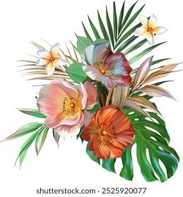 Bouquet of tropical flowers. Summer bouquet of flowers. Camellia, rose, hibiscus, orchid, plumeria, paradise flowers. Exotic, tropical