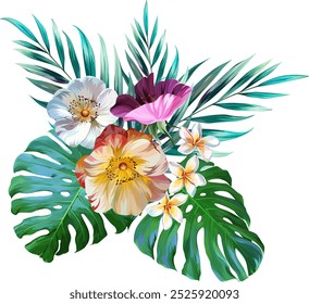 Buquê de flores tropicais. Buquê de flores de verão. Camélia, rosa, hibisco, orquídea, plumeria, flores do paraíso. Exótico, tropical