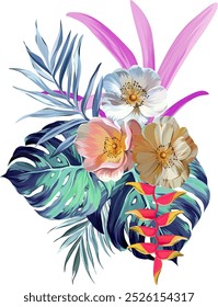 Bouquet of tropical flowers. Summer bouquet of flowers. Camellia, rose, hibiscus, orchid, plumeria, paradise flowers. Exotic, tropical
