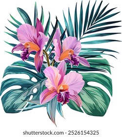 Buquê de flores tropicais. Buquê de flores de verão. Camélia, rosa, hibisco, orquídea, plumeria, flores do paraíso. Exótico, tropical