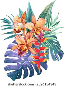 Bouquet of tropical flowers. Summer bouquet of flowers. Camellia, rose, hibiscus, orchid, plumeria, paradise flowers. Exotic, tropical