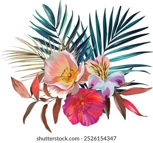 Bouquet of tropical flowers. Summer bouquet of flowers. Camellia, rose, hibiscus, orchid, plumeria, paradise flowers. Exotic, tropical