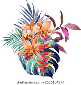 Bouquet of tropical flowers. Summer bouquet of flowers. Camellia, rose, hibiscus, orchid, plumeria, paradise flowers. Exotic, tropical