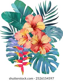 Bouquet of tropical flowers. Summer bouquet of flowers. Camellia, rose, hibiscus, orchid, plumeria, paradise flowers. Exotic, tropical