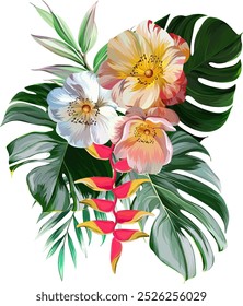 Bouquet of tropical flowers. Summer bouquet of flowers. Camellia, rose, hibiscus, orchid, plumeria, paradise flowers. Exotic, tropical