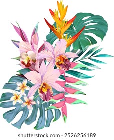 Bouquet of tropical flowers. Summer bouquet of flowers. Camellia, rose, hibiscus, orchid, plumeria, paradise flowers. Exotic, tropical