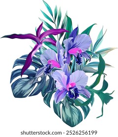 Bouquet of tropical flowers. Summer bouquet of flowers. Camellia, rose, hibiscus, orchid, plumeria, paradise flowers. Exotic, tropical
