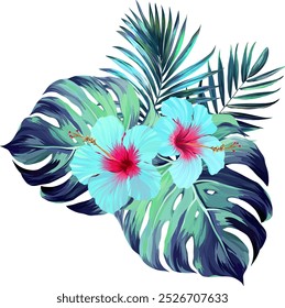 Bouquet of tropical flowers. Summer bouquet of flowers. Camellia, rose, hibiscus, orchid, plumeria, paradise flowers. Exotic, tropical