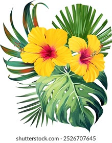 Bouquet of tropical flowers. Summer bouquet of flowers. Camellia, rose, hibiscus, orchid, plumeria, paradise flowers. Exotic, tropical