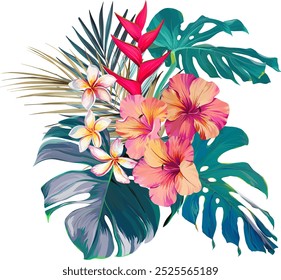 Bouquet of tropical flowers. Summer bouquet of flowers. Hibiscus, orchid, plumeria, paradise flowers. Exotic, tropical