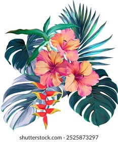 Bouquet of tropical flowers. Summer bouquet of flowers. Hibiscus, orchid, plumeria, paradise flowers. Exotic, tropical