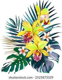 Bouquet of tropical flowers. Summer bouquet of flowers. Hibiscus, orchid, plumeria, paradise flowers. Exotic, tropical