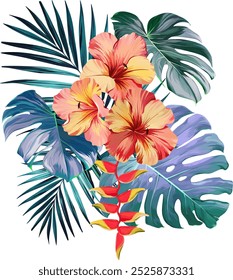 Bouquet of tropical flowers. Summer bouquet of flowers. Hibiscus, orchid, plumeria, paradise flowers. Exotic, tropical