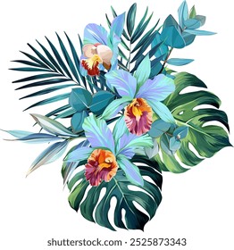 Bouquet of tropical flowers. Summer bouquet of flowers. Hibiscus, orchid, plumeria, paradise flowers. Exotic, tropical