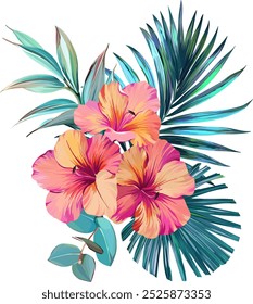 Bouquet of tropical flowers. Summer bouquet of flowers. Hibiscus, orchid, plumeria, paradise flowers. Exotic, tropical