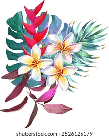 Bouquet of tropical flowers. Summer bouquet of flowers. Hibiscus, orchid, plumeria, paradise flowers. Exotic, tropical