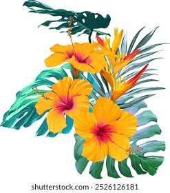 Bouquet of tropical flowers. Summer bouquet of flowers. Hibiscus, orchid, plumeria, paradise flowers. Exotic, tropical