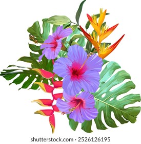 Bouquet of tropical flowers. Summer bouquet of flowers. Hibiscus, orchid, plumeria, paradise flowers. Exotic, tropical