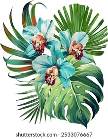 Bouquet of tropical flowers. Summer bouquet of flowers. Orchid, plumeria, paradise flowers. Exotic, tropical