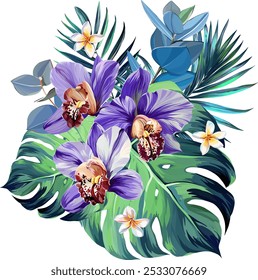 Bouquet of tropical flowers. Summer bouquet of flowers. Orchid, plumeria, paradise flowers. Exotic, tropical