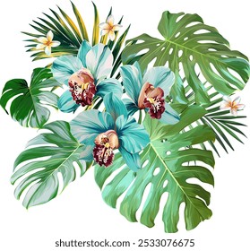 Bouquet of tropical flowers. Summer bouquet of flowers. Orchid, plumeria, paradise flowers. Exotic, tropical