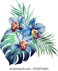 Bouquet of tropical flowers. Summer bouquet of flowers. Orchid, plumeria, paradise flowers. Exotic, tropical