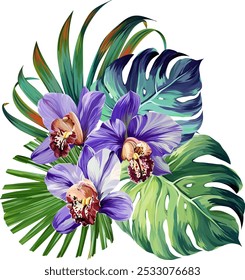 Bouquet of tropical flowers. Summer bouquet of flowers. Orchid, plumeria, paradise flowers. Exotic, tropical