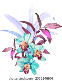 Bouquet of tropical flowers. Summer bouquet of flowers. Orchid, plumeria, paradise flowers. Exotic, tropical