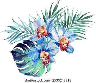 Bouquet of tropical flowers. Summer bouquet of flowers. Orchid, plumeria, paradise flowers. Exotic, tropical
