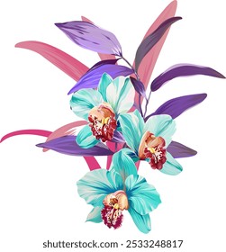 Bouquet of tropical flowers. Summer bouquet of flowers. Orchid, plumeria, paradise flowers. Exotic, tropical