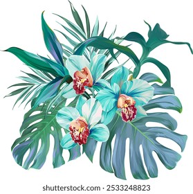 Bouquet of tropical flowers. Summer bouquet of flowers. Orchid, plumeria, paradise flowers. Exotic, tropical