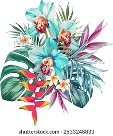Bouquet of tropical flowers. Summer bouquet of flowers. Orchid, plumeria, paradise flowers. Exotic, tropical
