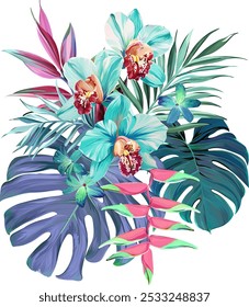 Bouquet of tropical flowers. Summer bouquet of flowers. Orchid, plumeria, paradise flowers. Exotic, tropical