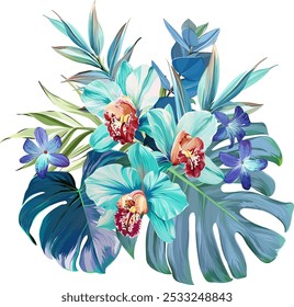 Bouquet of tropical flowers. Summer bouquet of flowers. Orchid, plumeria, paradise flowers. Exotic, tropical
