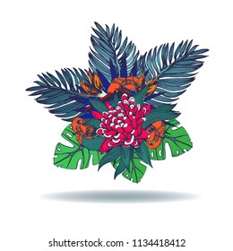 bouquet of tropical flowers, vector illustration, hand drawing, isolated on white background with shadow
