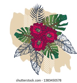 bouquet of tropical flowers,palm leaves ,flowers , graceful, hand drawing ,vector
