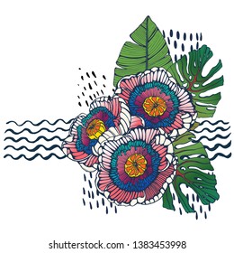 bouquet of tropical flowers,palm leaves ,flowers , hand drawing ,vector
